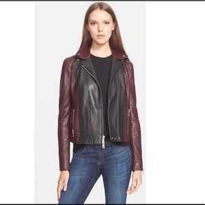 Vince Lambskin Leather Color Block Moto Jacket